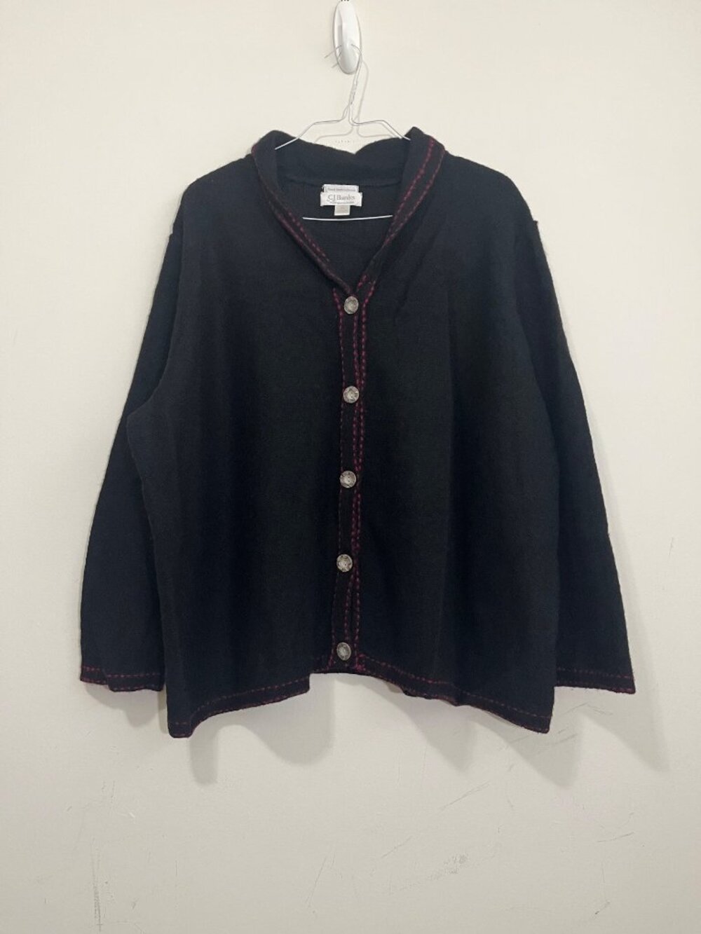 Vtg CJ Banks Button-Front Wool Cardigan Sweater Jacket 3X Black Hand Embroidered